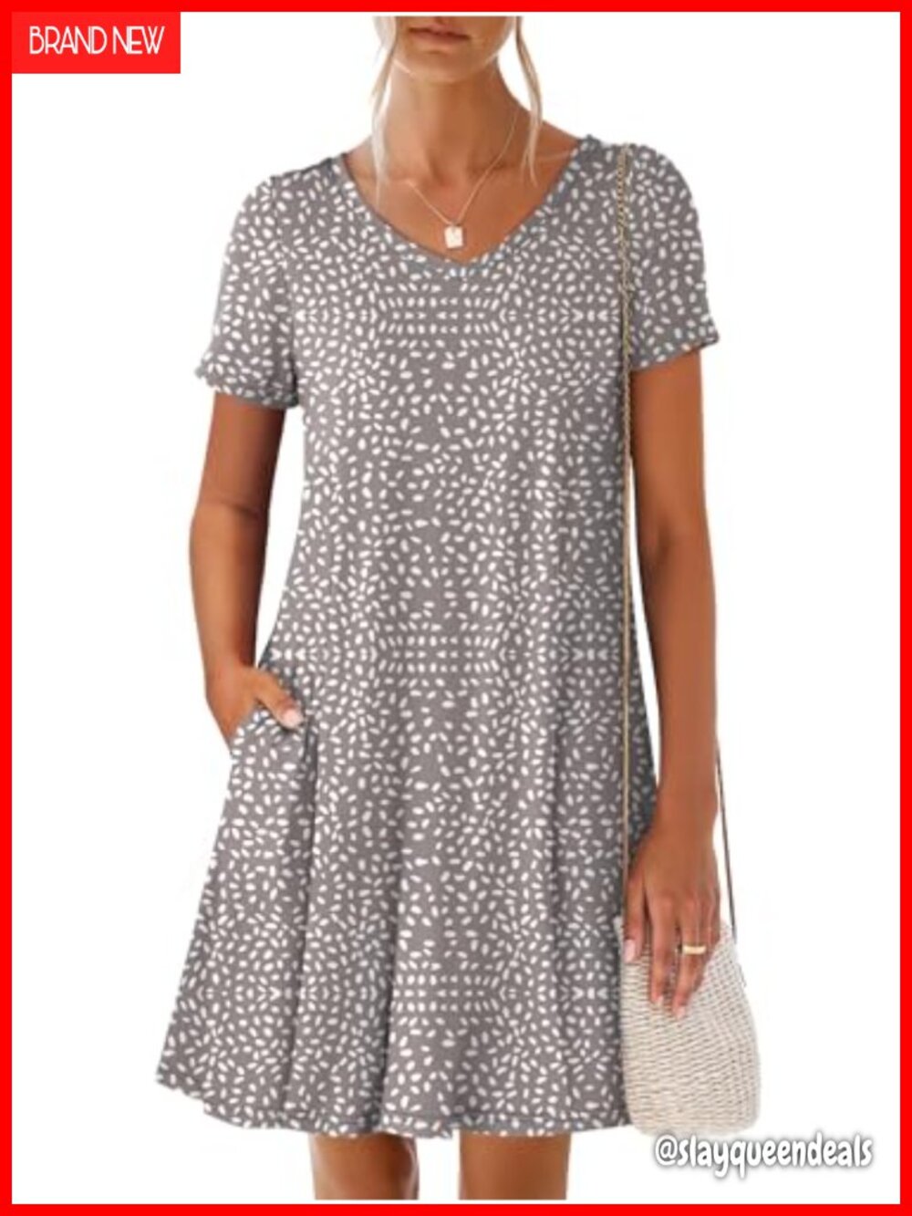 Women's Summer T Shirt Dress Short Sleeve V-Neck Swing A-Line with Pockets